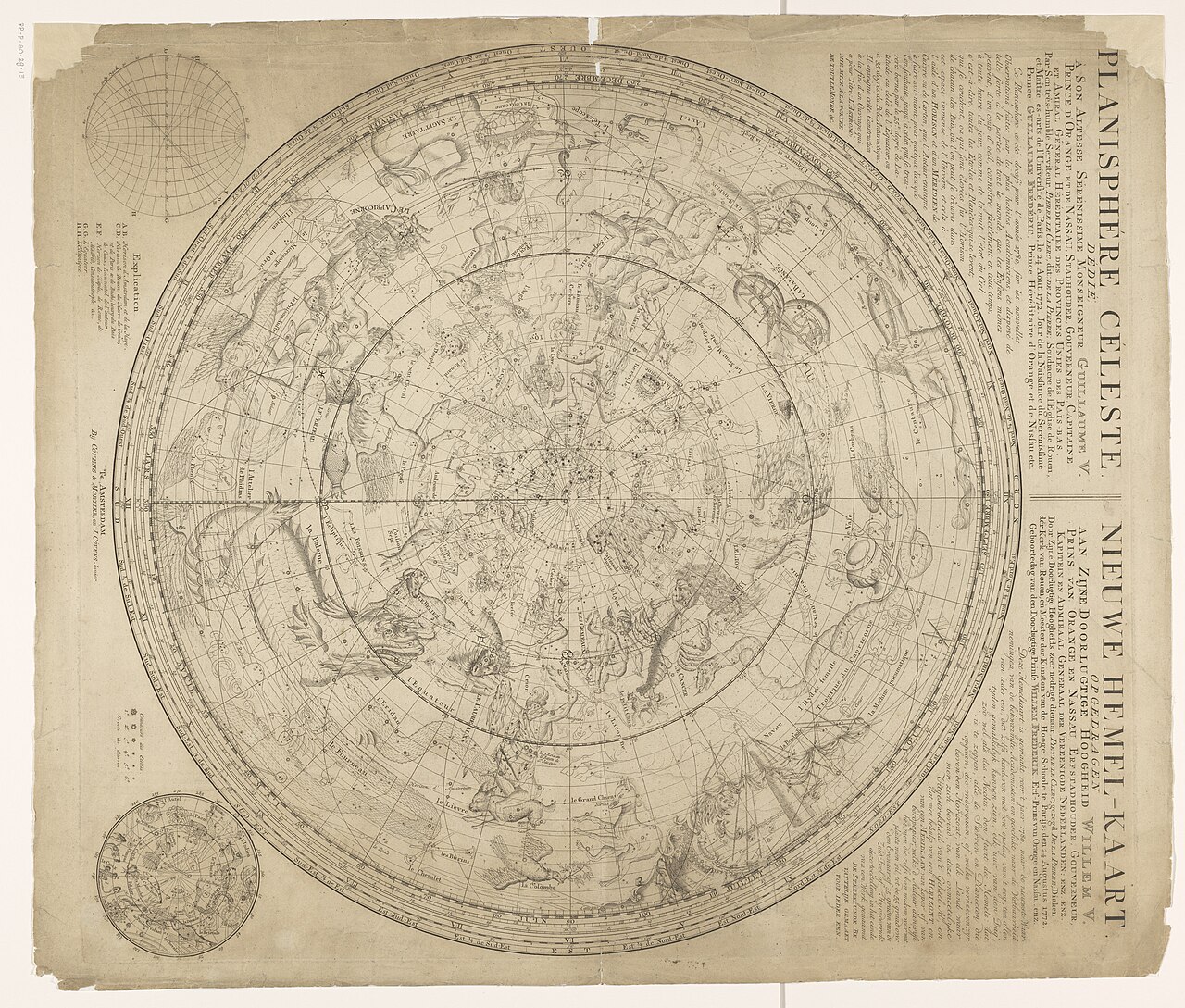 Planisphère céleste gravé au XVIIIᵉ siècle : tout le ciel projeté sur un disque, chaque constellation dessinée une à une. Carte du Rijksmuseum (domaine public, CC0).